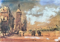 Aquarelle impressionniste française représentant des tours près de la rivière à Paris au crépuscule