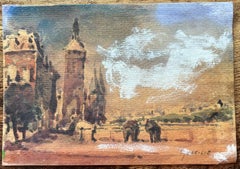 French Impressionist Watercolor of Towers by the River in Paris at Dusk