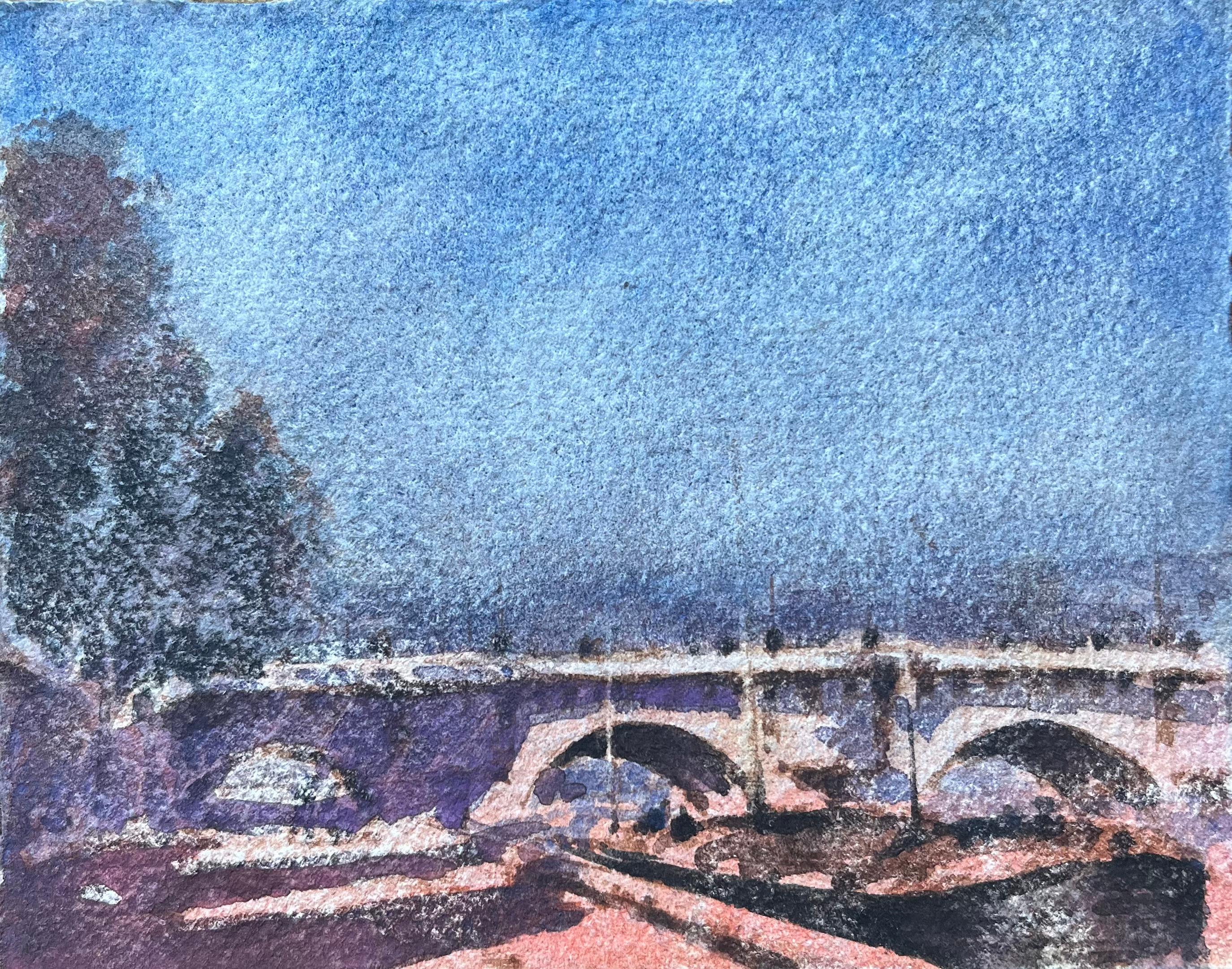 Aquarelle impressionniste française représentant un pont à Paris au matin