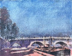 Aquarelle impressionniste française représentant un pont à Paris au matin