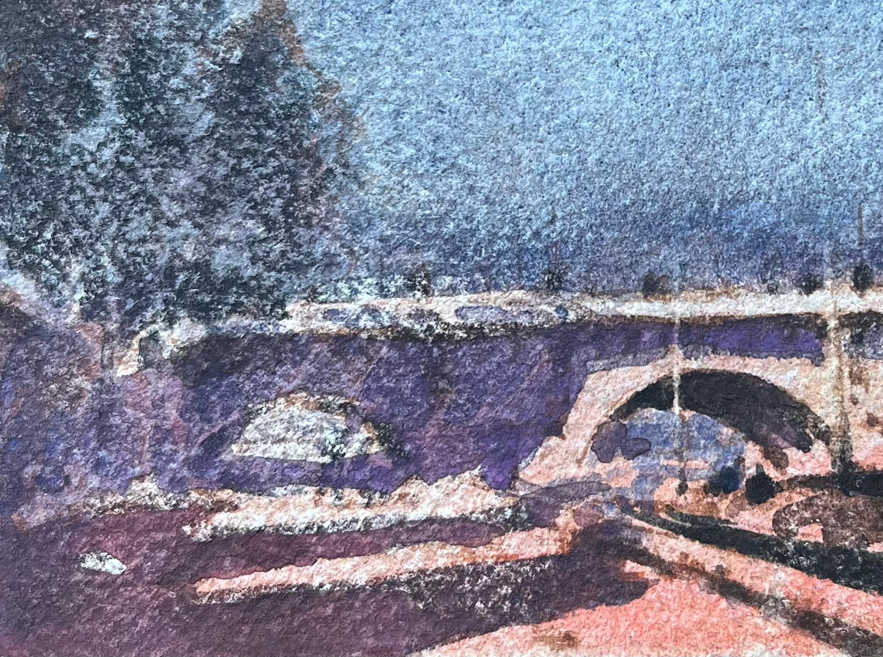 Aquarelle impressionniste française représentant un pont à Paris au matin en vente 1
