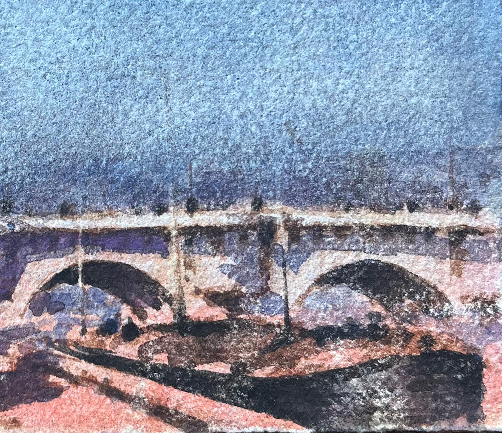 Titre : Aquarelle impressionniste française d'un pont à Paris à l'aube
Par Maurice Mazeilie (français 1924-2021)
Moyen d'expression : Aquarelle sur papier, non encadrée
Taille : 5 x 6.25 pouces (hauteur x largeur)
Estampillé : Verso
Condit : Bon,
