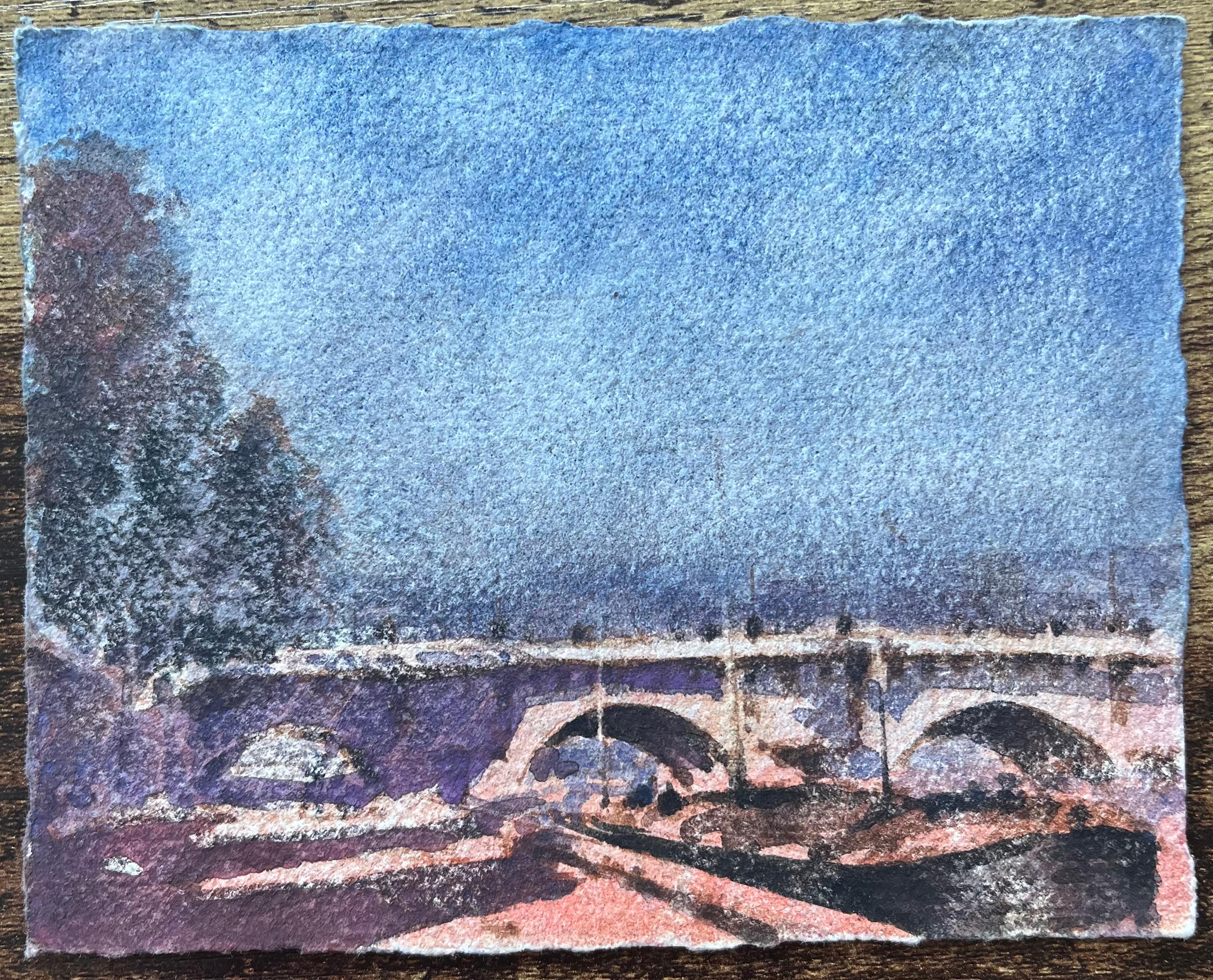 Aquarelle impressionniste française représentant un pont à Paris au matin - Impressionnisme Art par Maurice Mazeilie