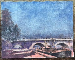 French Impressionist Watercolor of Bridge in Paris at Dawn