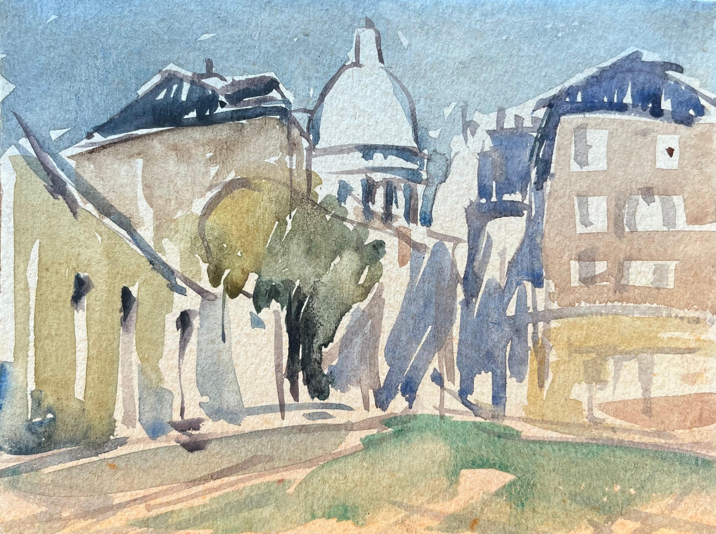 Acquerello impressionista francese di una scena di strada con la Basilica del Sacro Cuore