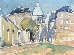 Aquarelle impressionniste française d'une scène de rue avec la basilique du Sacré-Cœur