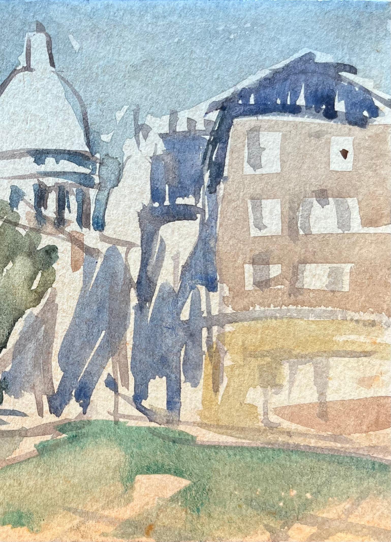 Aquarelle impressionniste française d'une scène de rue avec la basilique du Sacré-Cœur en vente 1