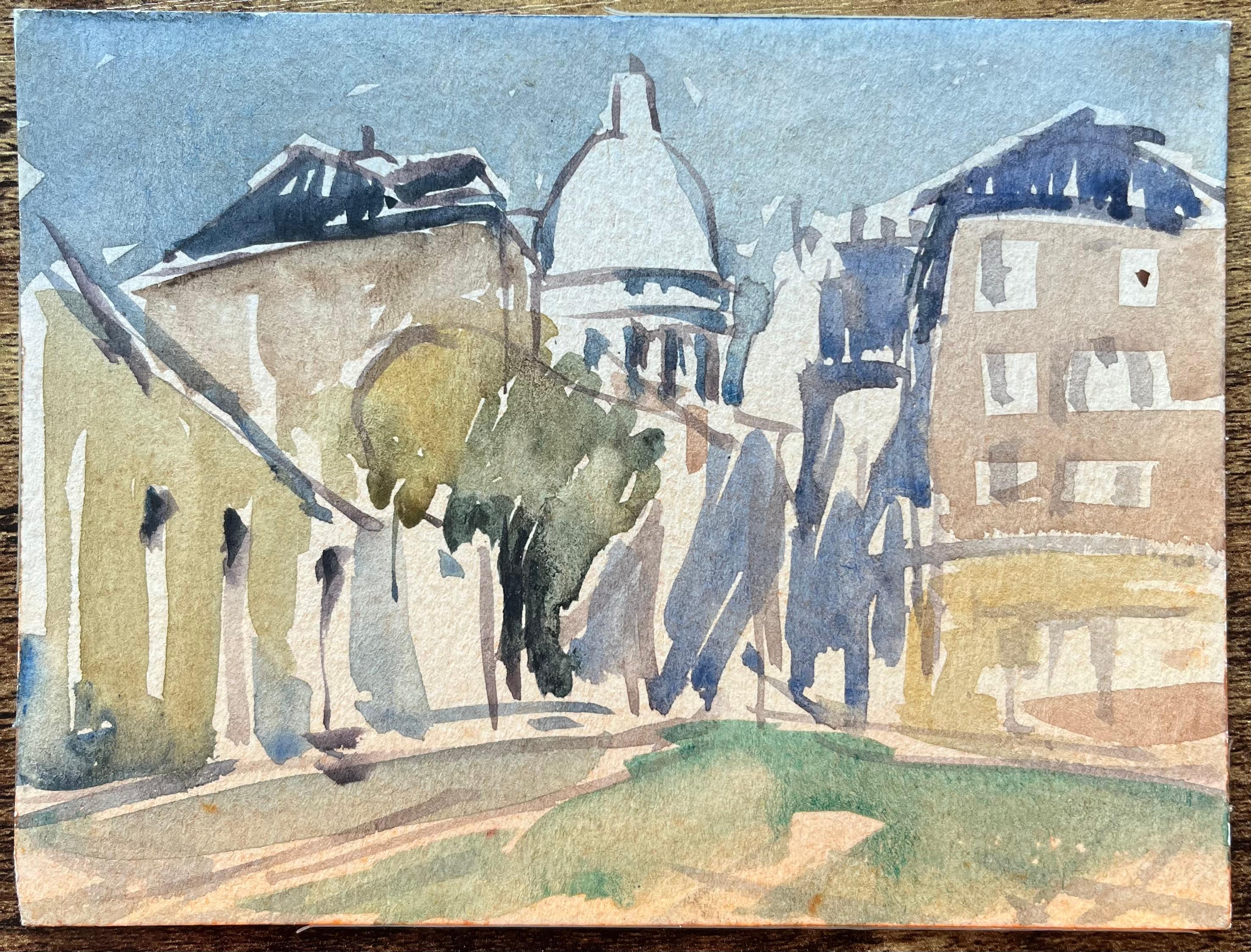 Aquarelle impressionniste française d'une scène de rue avec la basilique du Sacré-Cœur - Impressionnisme Art par Maurice Mazeilie