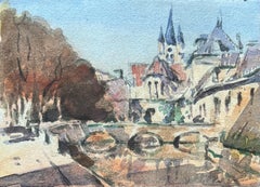 Aquarelle impressionniste française d'un paysage urbain avec pont et flèches