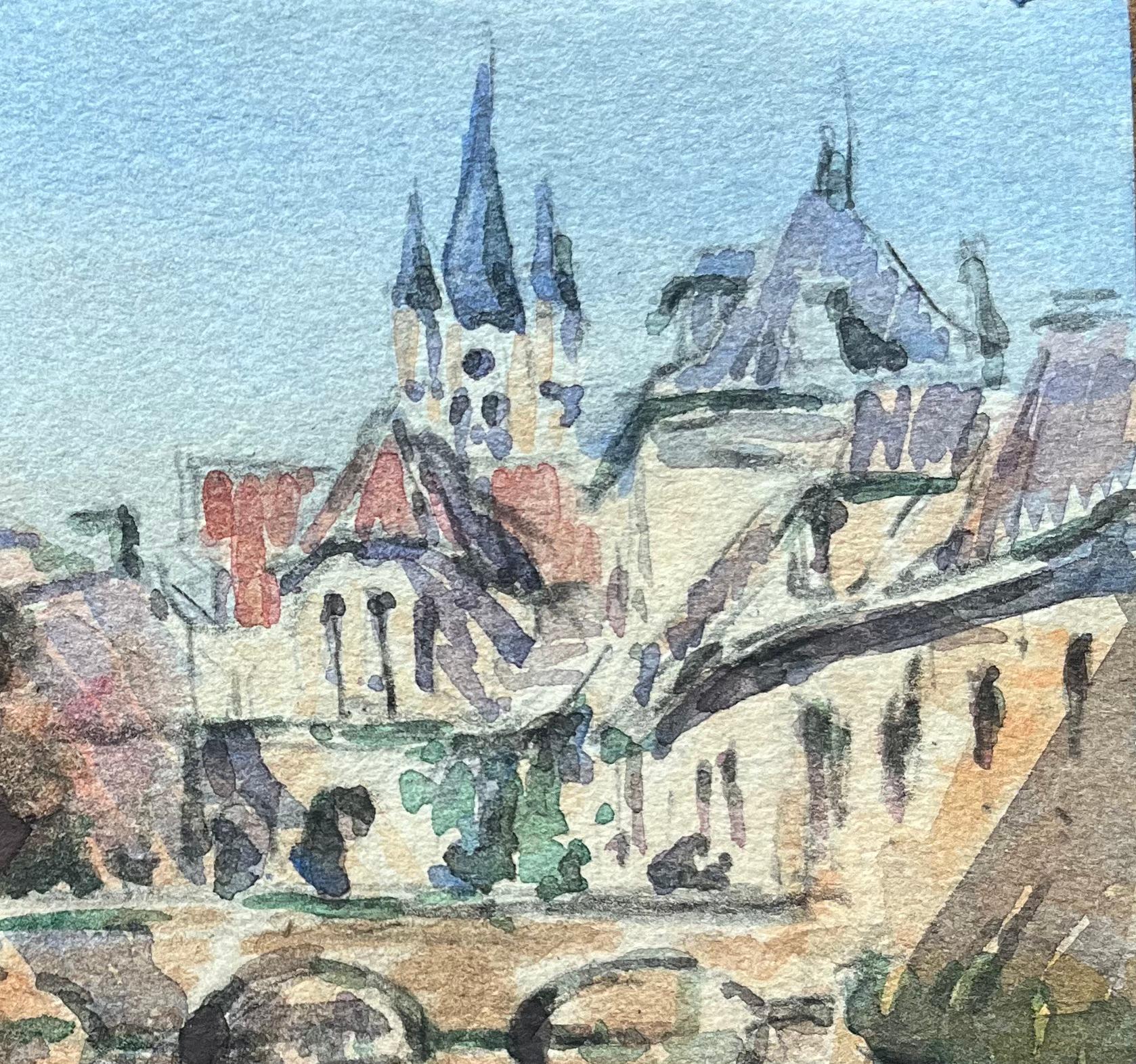 Titre : Aquarelle impressionniste française d'un paysage urbain avec pont et flèches
Par Maurice Mazeilie (français 1924-2021)
Moyen d'expression : Aquarelle sur papier, non encadrée
Taille : 5 x 6.75 pouces (hauteur x largeur)
Estampillé :