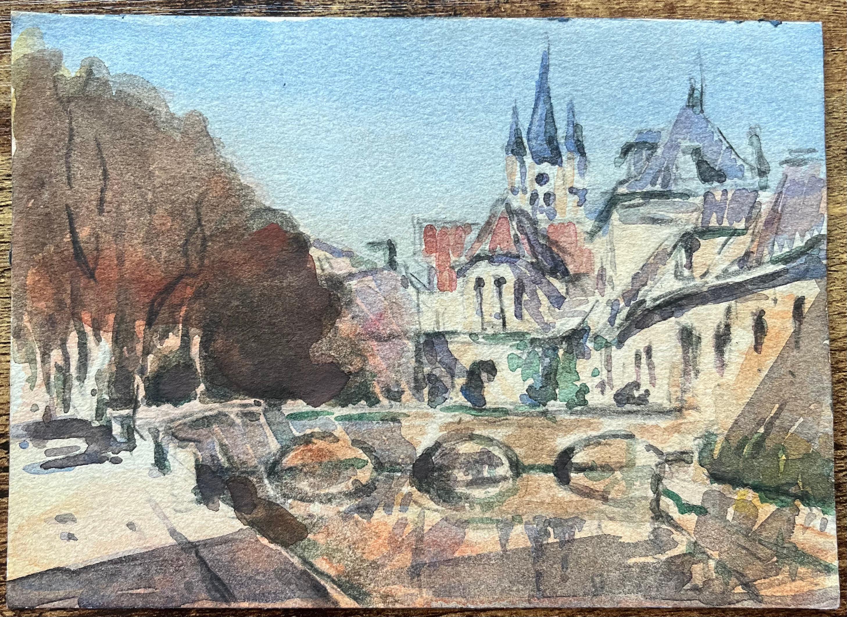 Aquarelle impressionniste française d'un paysage urbain avec pont et flèches - Impressionnisme Art par Maurice Mazeilie