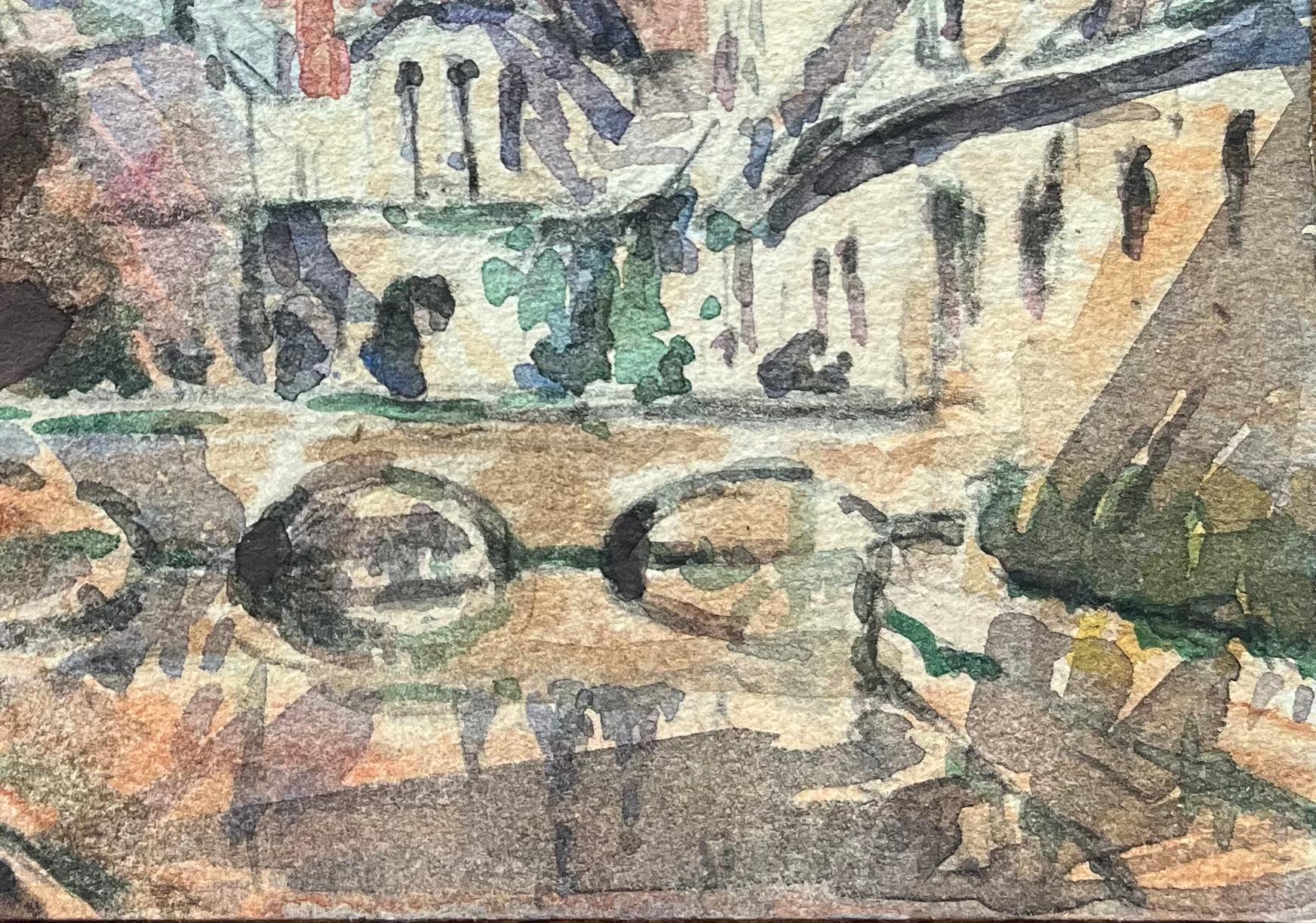 Aquarelle impressionniste française d'un paysage urbain avec pont et flèches en vente 1