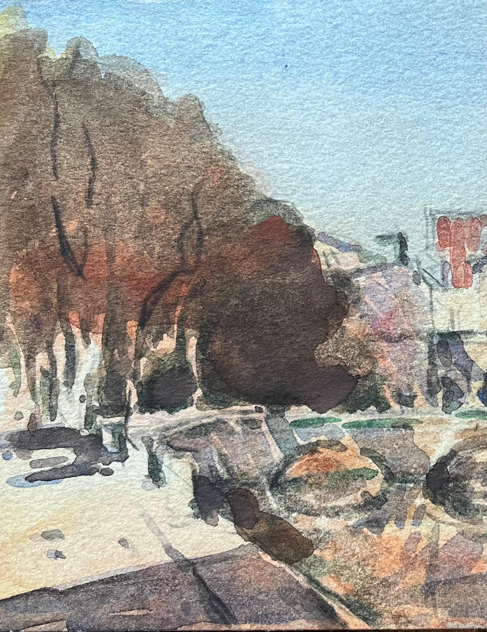 Aquarelle impressionniste française d'un paysage urbain avec pont et flèches en vente 2