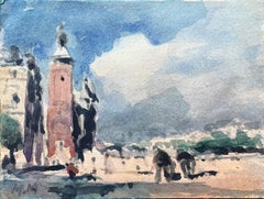 French Impressionist Watercolor of Cityscape with Tower and Figures
