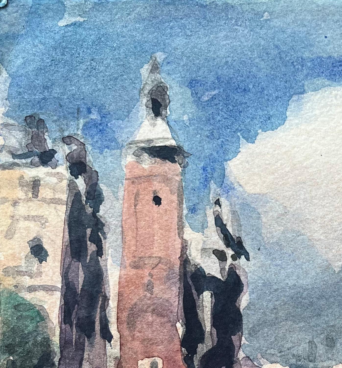 Acquerello impressionista francese di un paesaggio urbano con torre e figure - Art Impressionismo di Maurice Mazeilie
