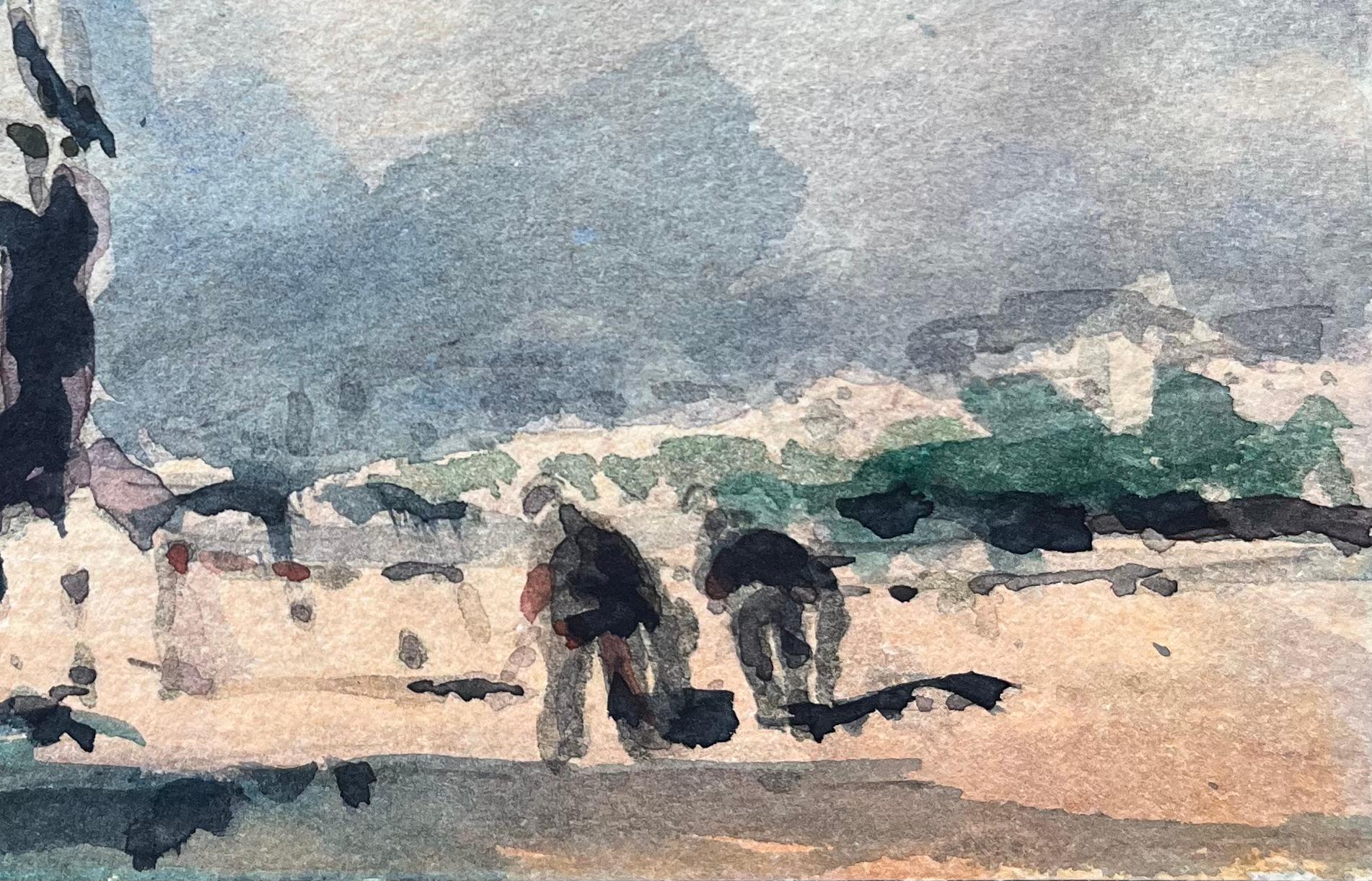 Acquerello impressionista francese di un paesaggio urbano con torre e figure - Landscape Art Grigio di Maurice Mazeilie