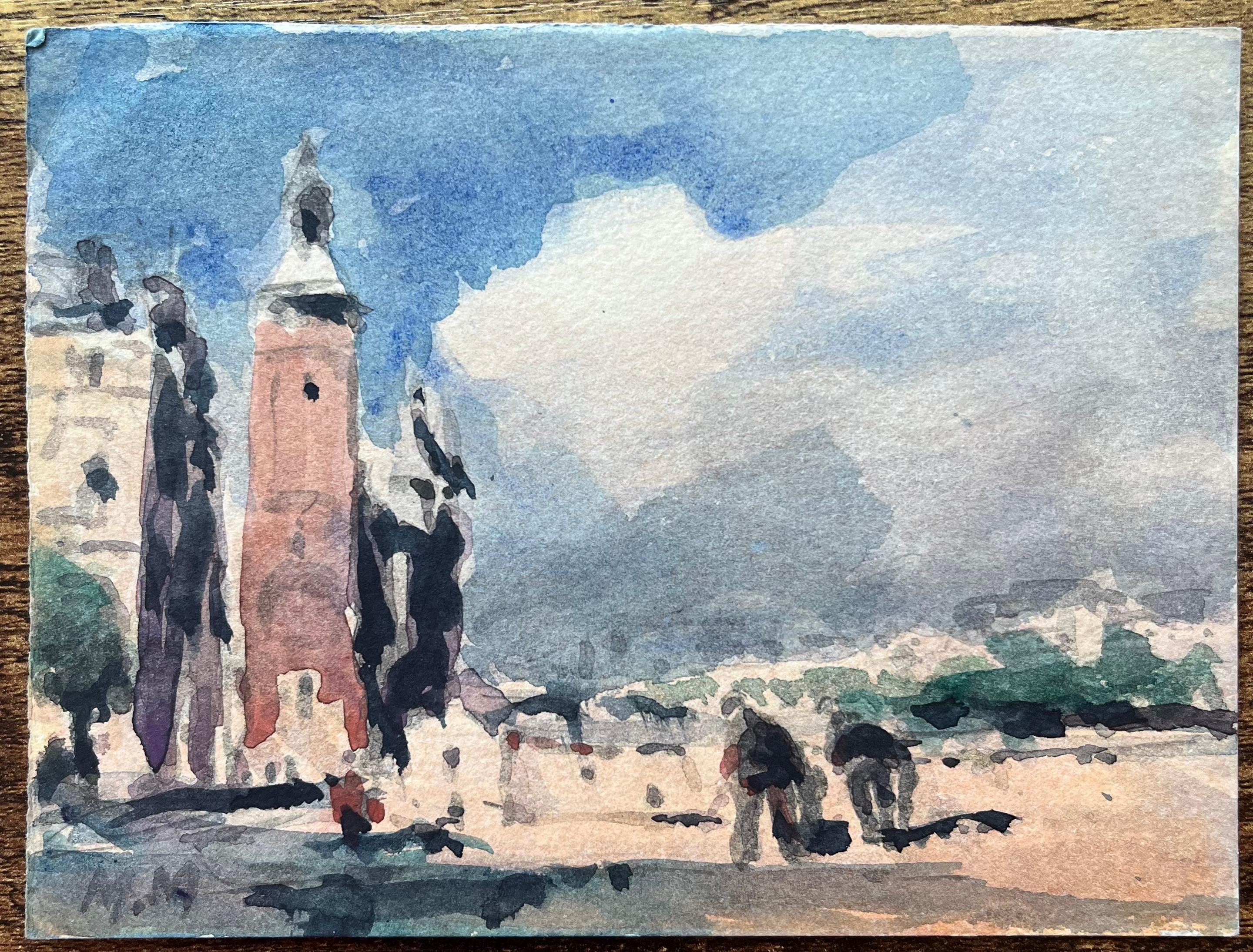 Acquerello impressionista francese di un paesaggio urbano con torre e figure - Art di Maurice Mazeilie