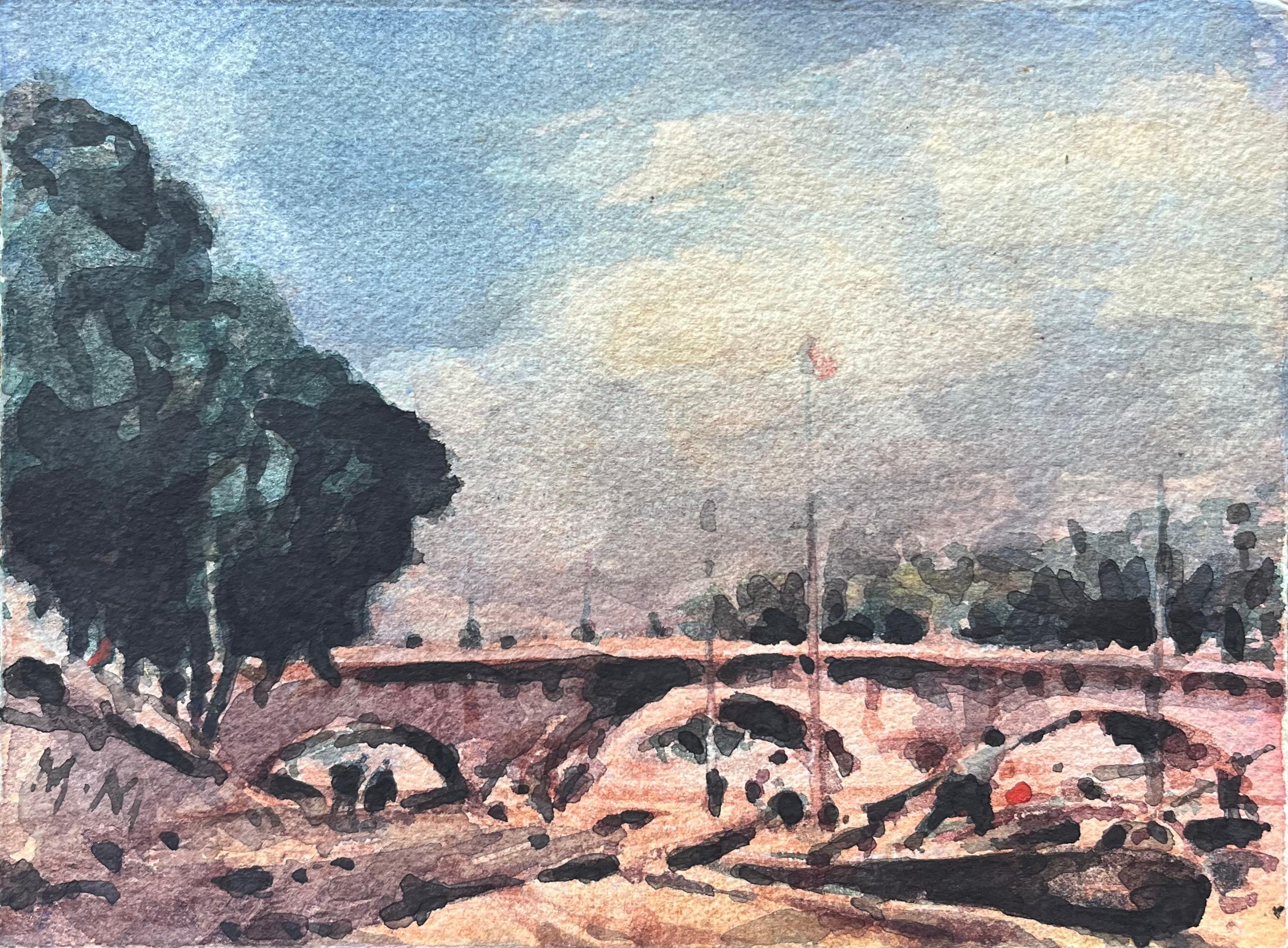 Aquarelle impressionniste française d'une scène de pont parisien avec arbres