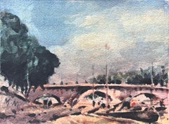 French Impressionist Watercolor of Parisian Bridge Scene with Trees