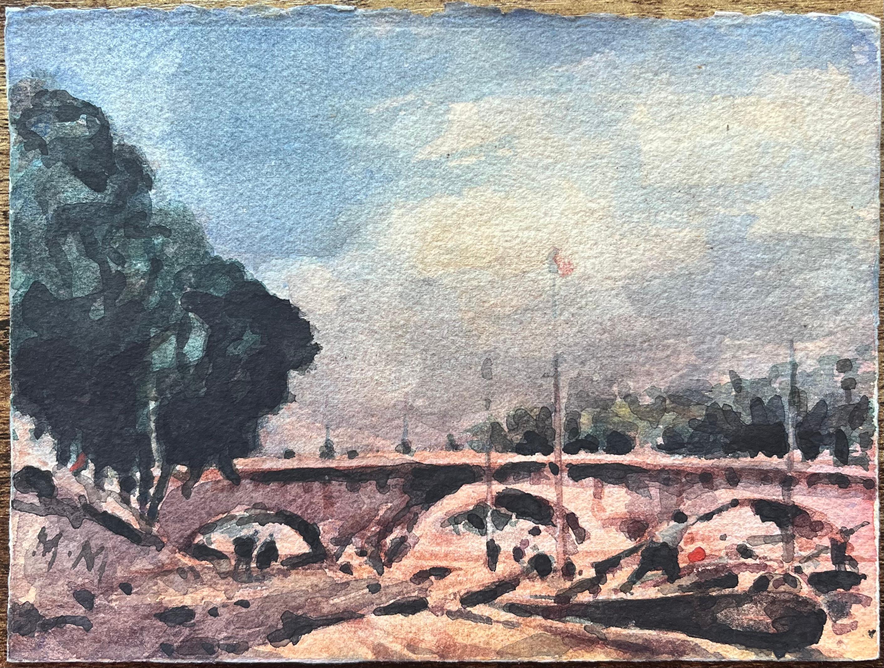 Title: French Impressionist Watercolor of Parisian Bridge Scene with Trees
By Maurice Mazeilie (French 1924-2021)
Medium: Watercolor on paper, unframed
Size: 5.5 x 7.5 inches (Height x Width)
Signed: Yes
Condition: Good, with signs on