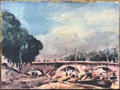 French Impressionist Watercolor of Parisian Bridge Scene with Trees