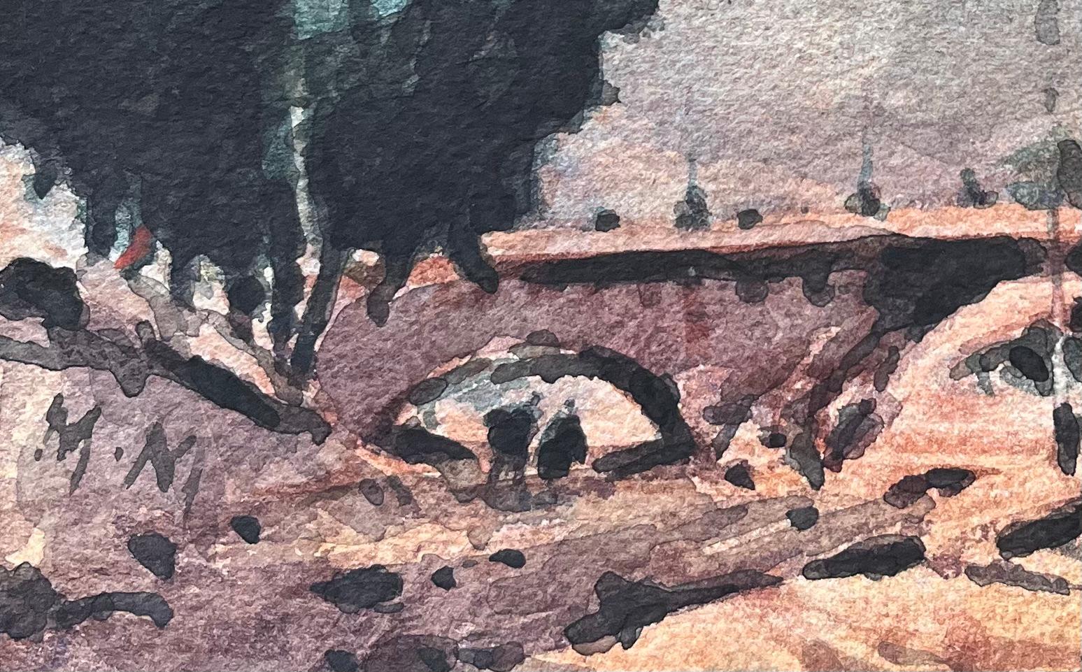 French Impressionist Watercolor of Parisian Bridge Scene with Trees For Sale 2