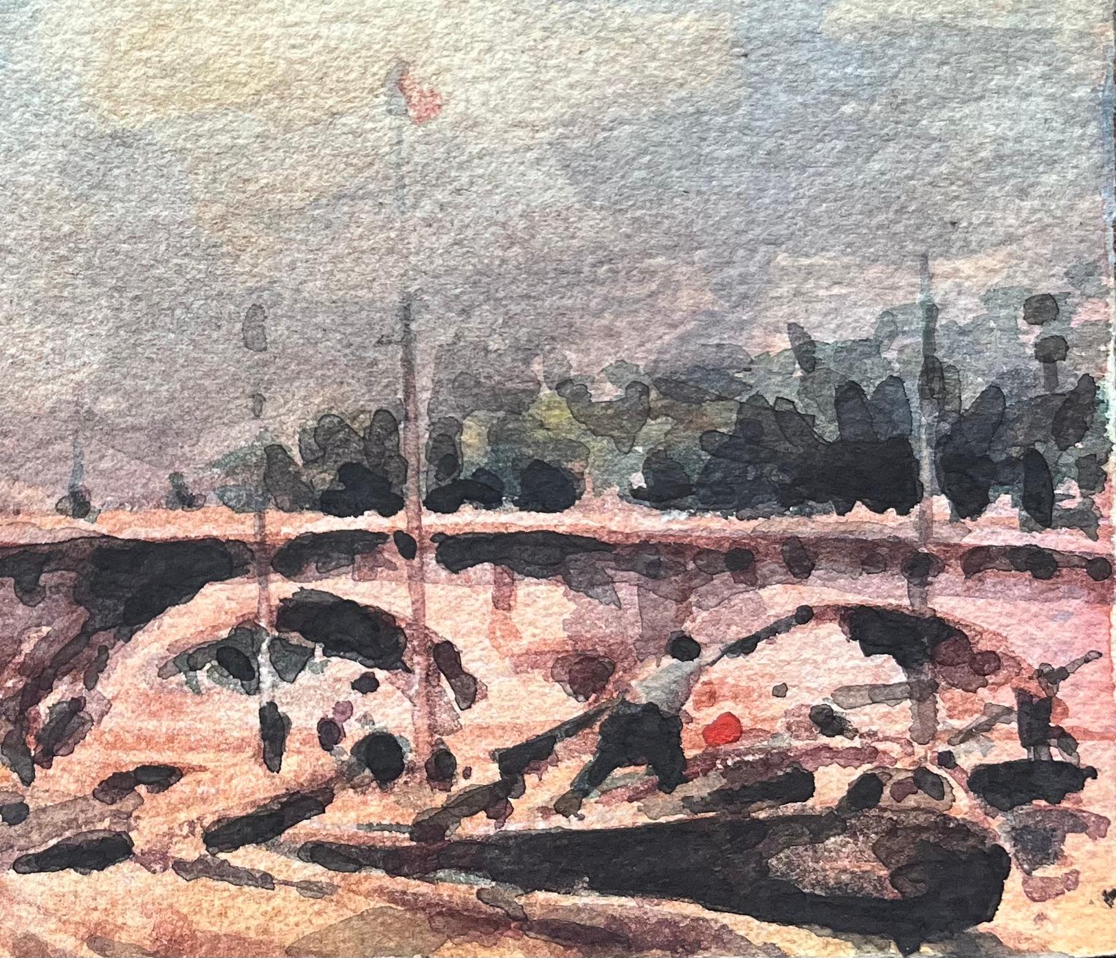 French Impressionist Watercolor of Parisian Bridge Scene with Trees For Sale 1