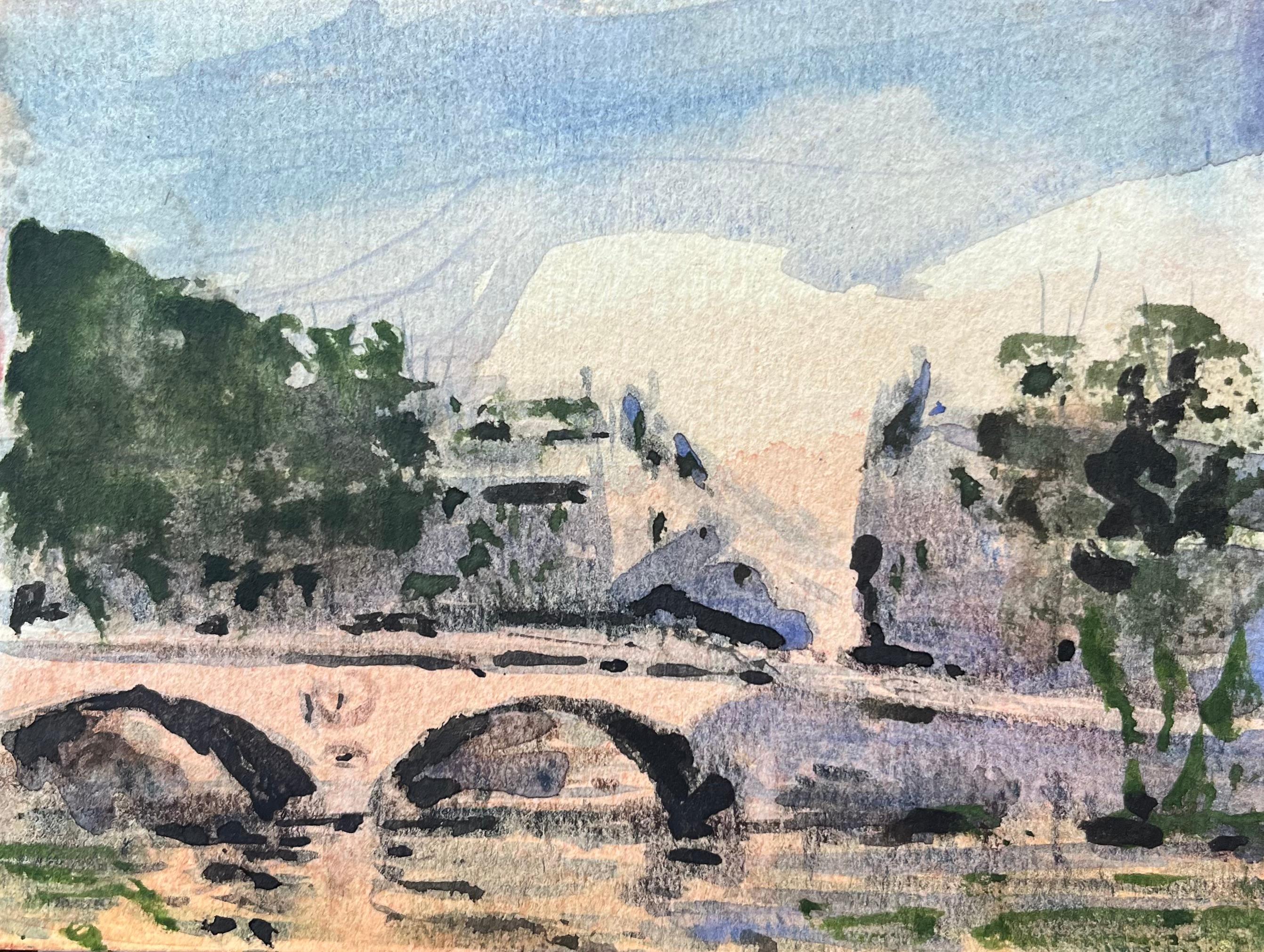 Aquarelle impressionniste française représentant un pont parisien ensoleillé avec des arbres