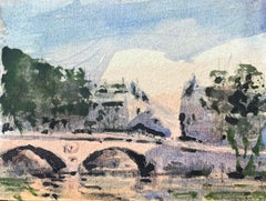 French Impressionist Watercolor of Sunlit Parisian Bridge Scene with Trees