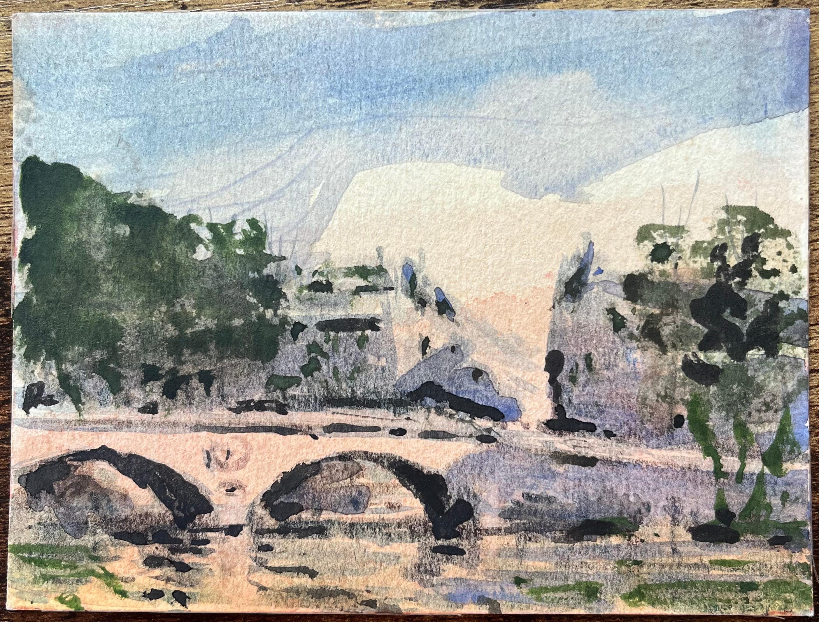 Acquerello impressionista francese raffigurante una scena di ponte parigino illuminato dal sole con alberi - Art Impressionismo di Maurice Mazeilie