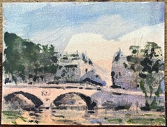 French Impressionist Watercolor of Sunlit Parisian Bridge Scene with Trees