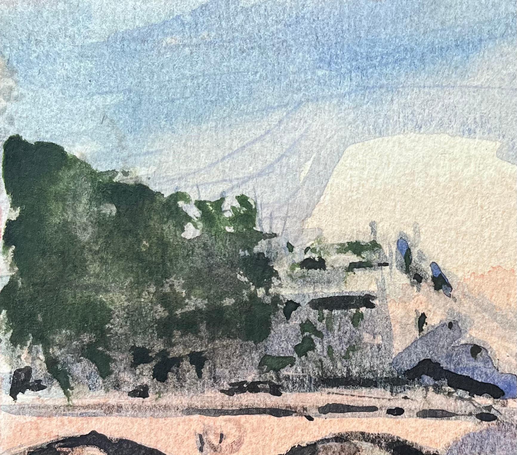Titolo: Acquerello impressionista francese di scena di ponte parigino illuminato dal sole con alberi
Di Maurice Mazeilie (francese 1924-2021)
Medium: Acquerello su carta, senza cornice
Dimensioni: 4,75 x 6,25 pollici (altezza x larghezza)
Timbrato: