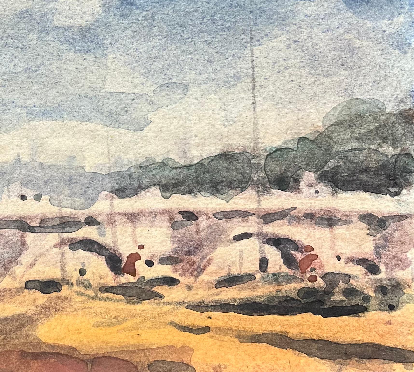 Aquarelle impressionniste française représentant une scène de pont parisien - Gris Landscape Art par Maurice Mazeilie