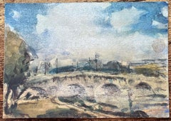 French Impressionist Watercolor of Pont Neuf Parisian Bridge Scene