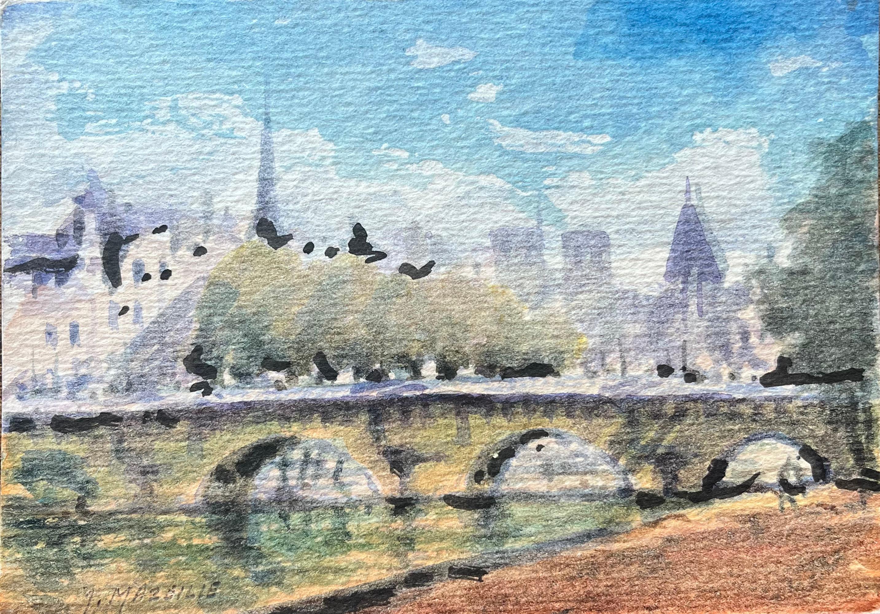 French Impressionist Watercolor of View Along the Seine with Bridge