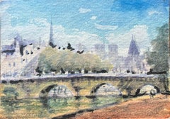French Impressionist Watercolor of View Along the Seine with Bridge