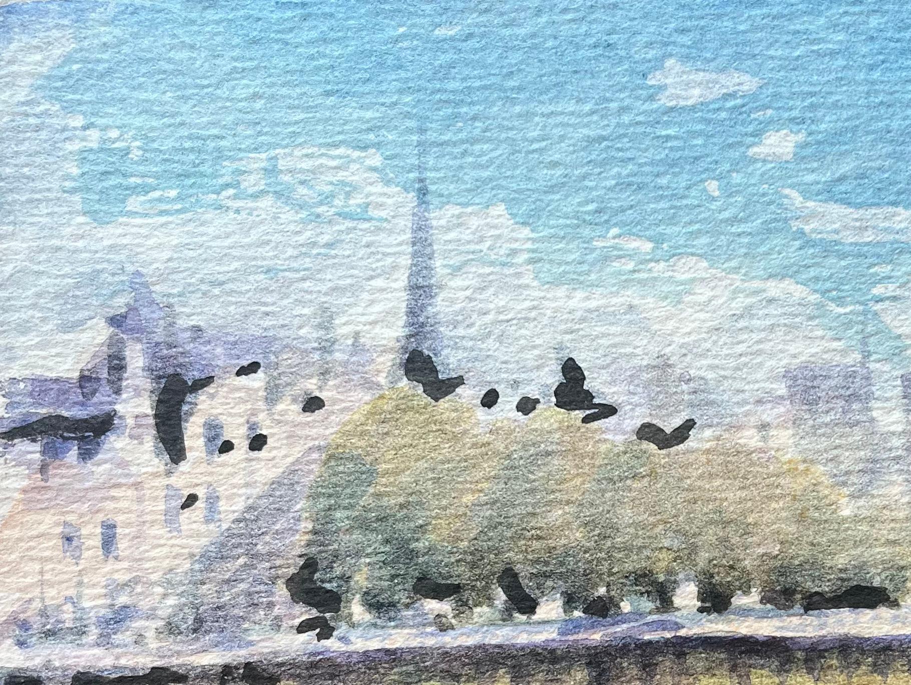 Aquarelle impressionniste française représentant une vue le long de la Seine avec un pont - Art de Maurice Mazeilie