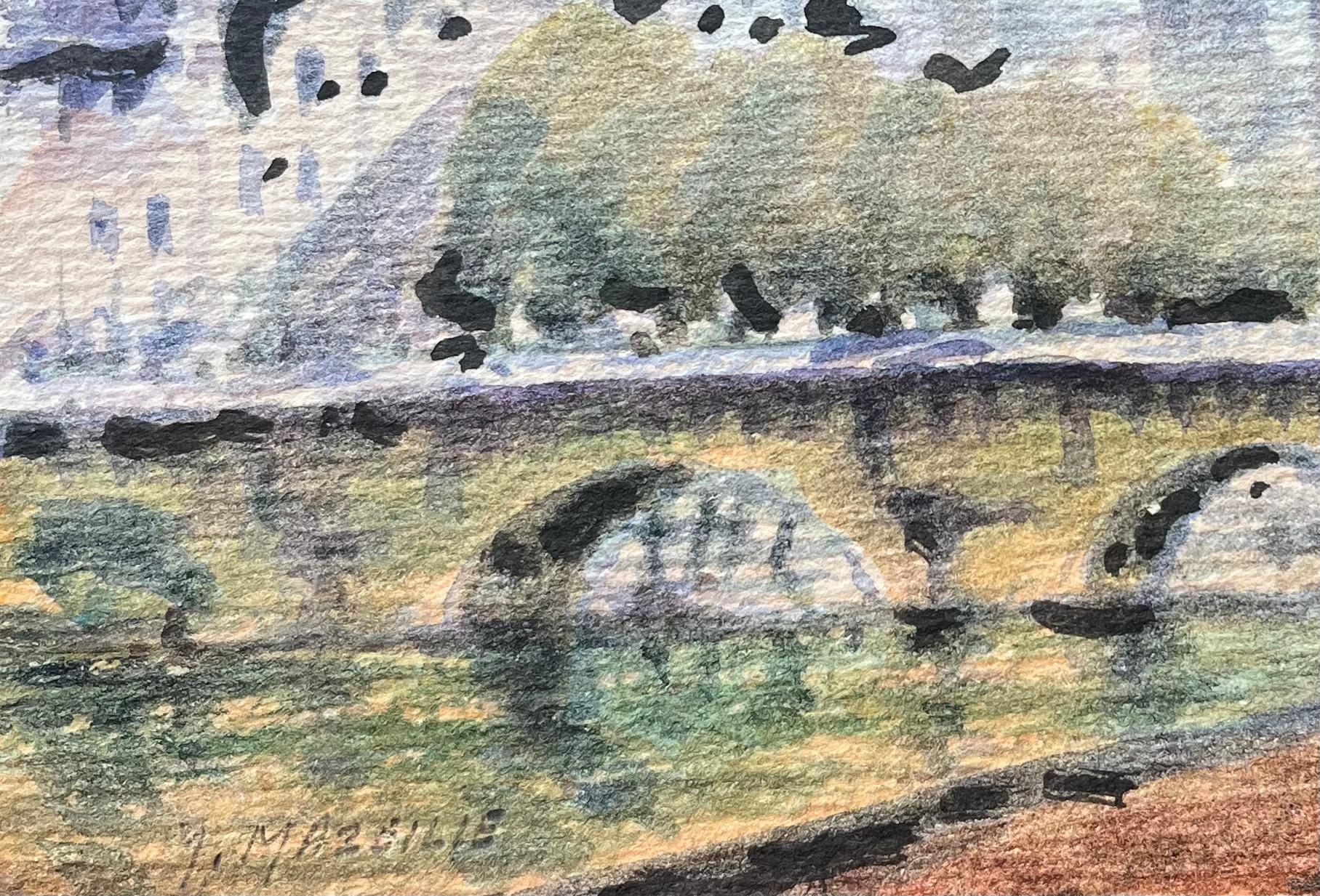 Titre : Aquarelle impressionniste française d'une vue le long de la Seine avec un pont
Par Maurice Mazeilie (français 1924-2021)
Moyen d'expression : Aquarelle sur papier, non encadrée
Taille : 5 x 7 pouces (hauteur x largeur)
Estampillé :