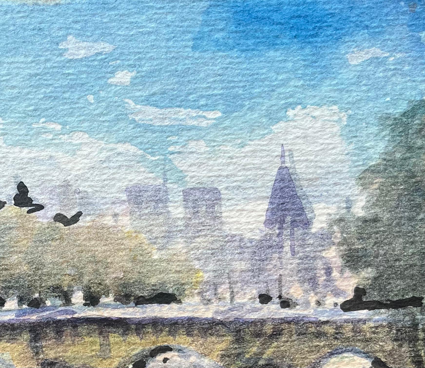 Aquarelle impressionniste française représentant une vue le long de la Seine avec un pont - Gris Landscape Art par Maurice Mazeilie