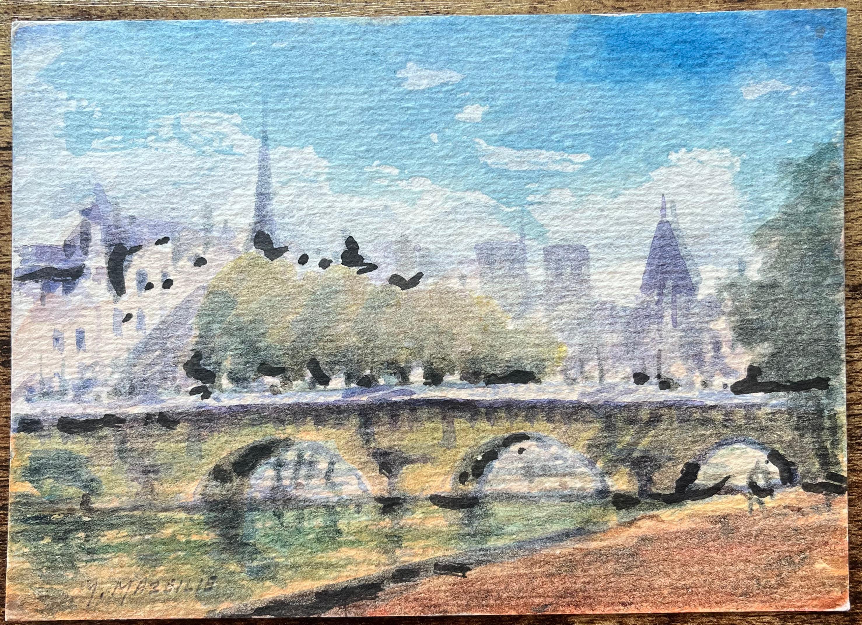 Aquarelle impressionniste française représentant une vue le long de la Seine avec un pont - Impressionnisme Art par Maurice Mazeilie