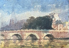 French Impressionist Watercolor of Parisian Bridge Stretching Across the Seine