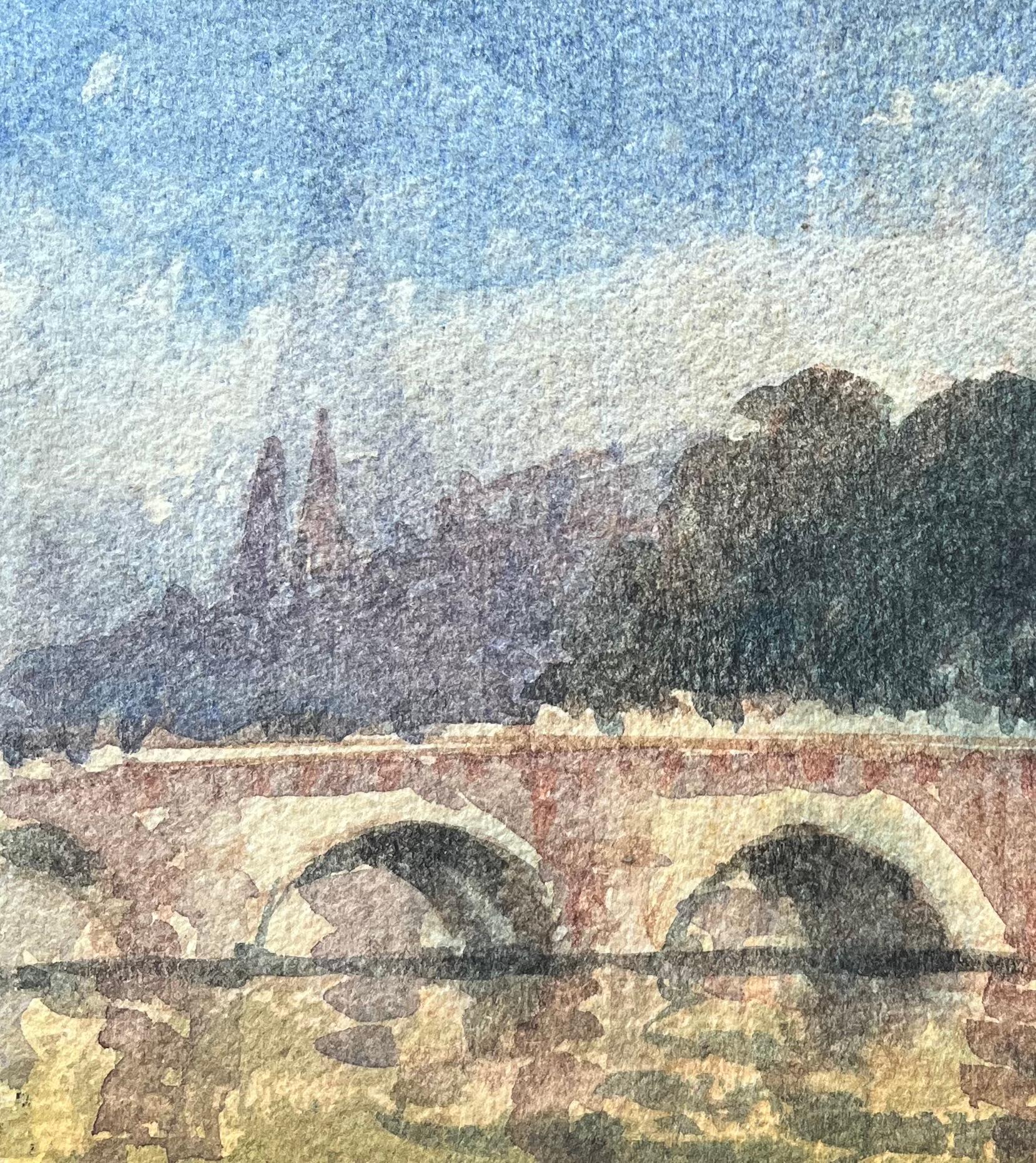 Titre : Aquarelle impressionniste française d'un pont parisien s'étirant sur la Seine
Par Maurice Mazeilie (français 1924-2021)
Moyen d'expression : Aquarelle sur papier, non encadrée
Taille : 5.5 x 7.5 pouces (hauteur x largeur)
Condit : Bon, avec