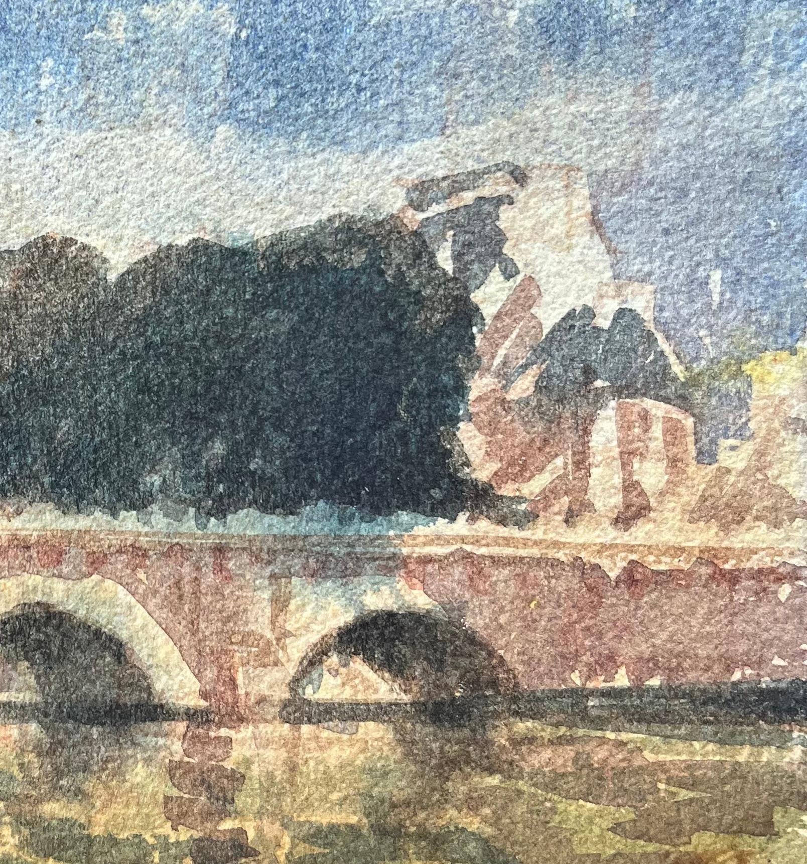 Aquarelle impressionniste française représentant un pont parisien s'étendant au-dessus de la Seine en vente 1