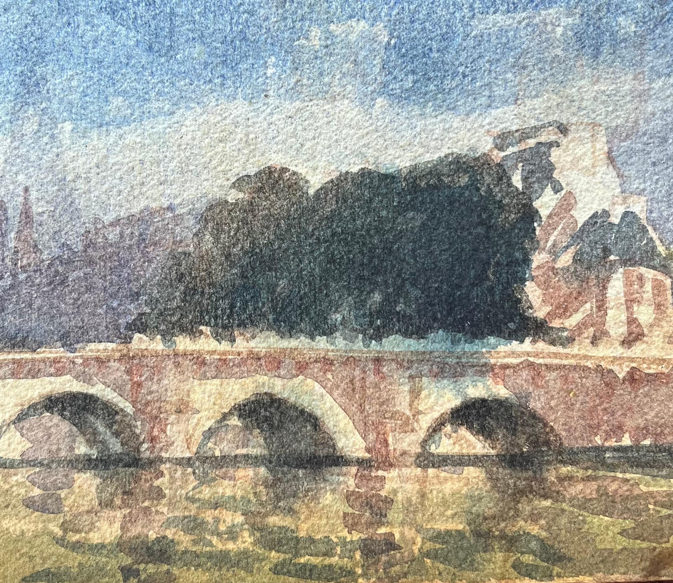 Aquarelle impressionniste française représentant un pont parisien s'étendant au-dessus de la Seine en vente 2