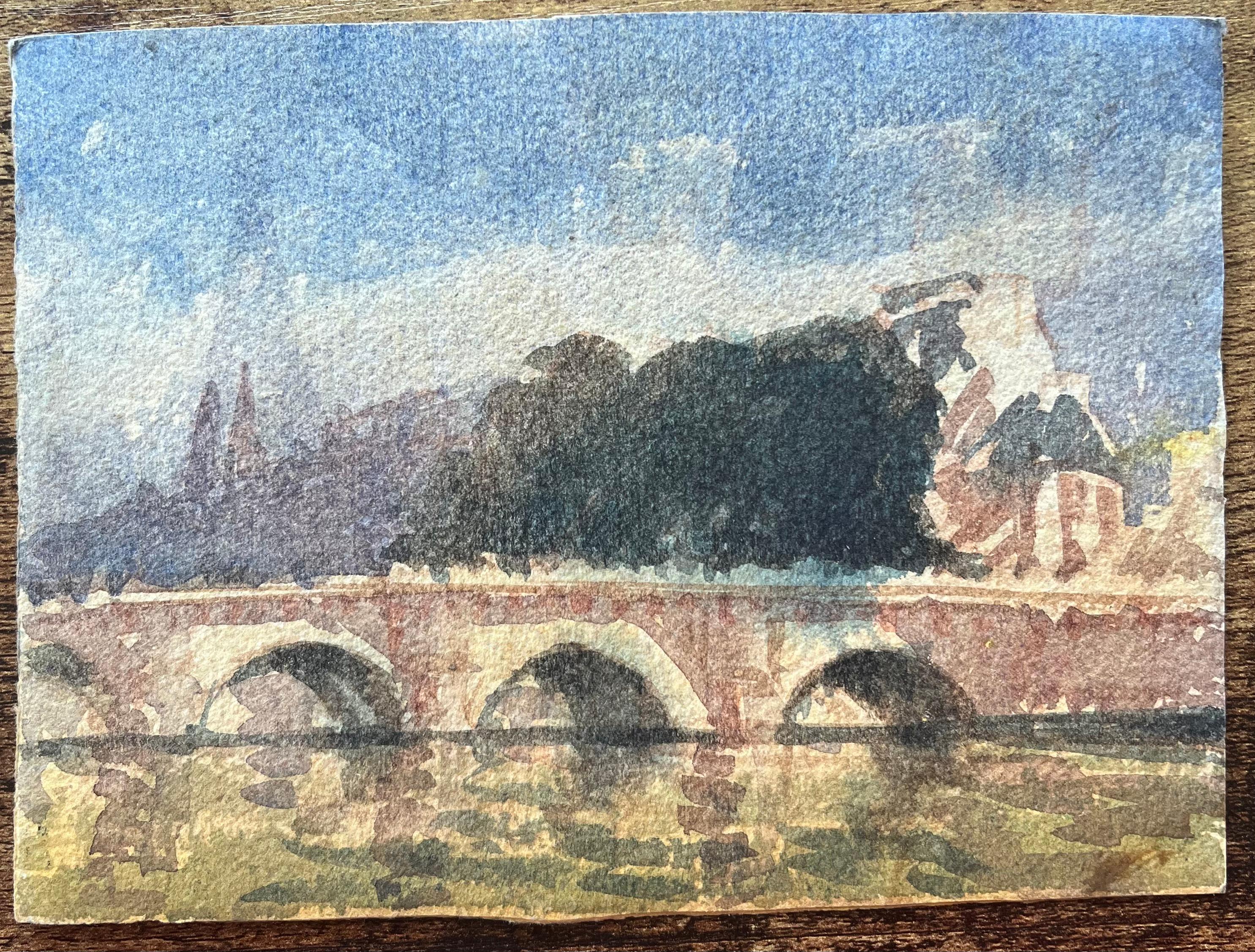Aquarelle impressionniste française représentant un pont parisien s'étendant au-dessus de la Seine - Impressionnisme Art par Maurice Mazeilie