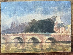 Französisches impressionistisches Aquarell der Pariser Brücke über die Seine, Stretching Across the Seine