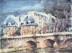 Aquarelle impressionniste française représentant une scène de pont parisien