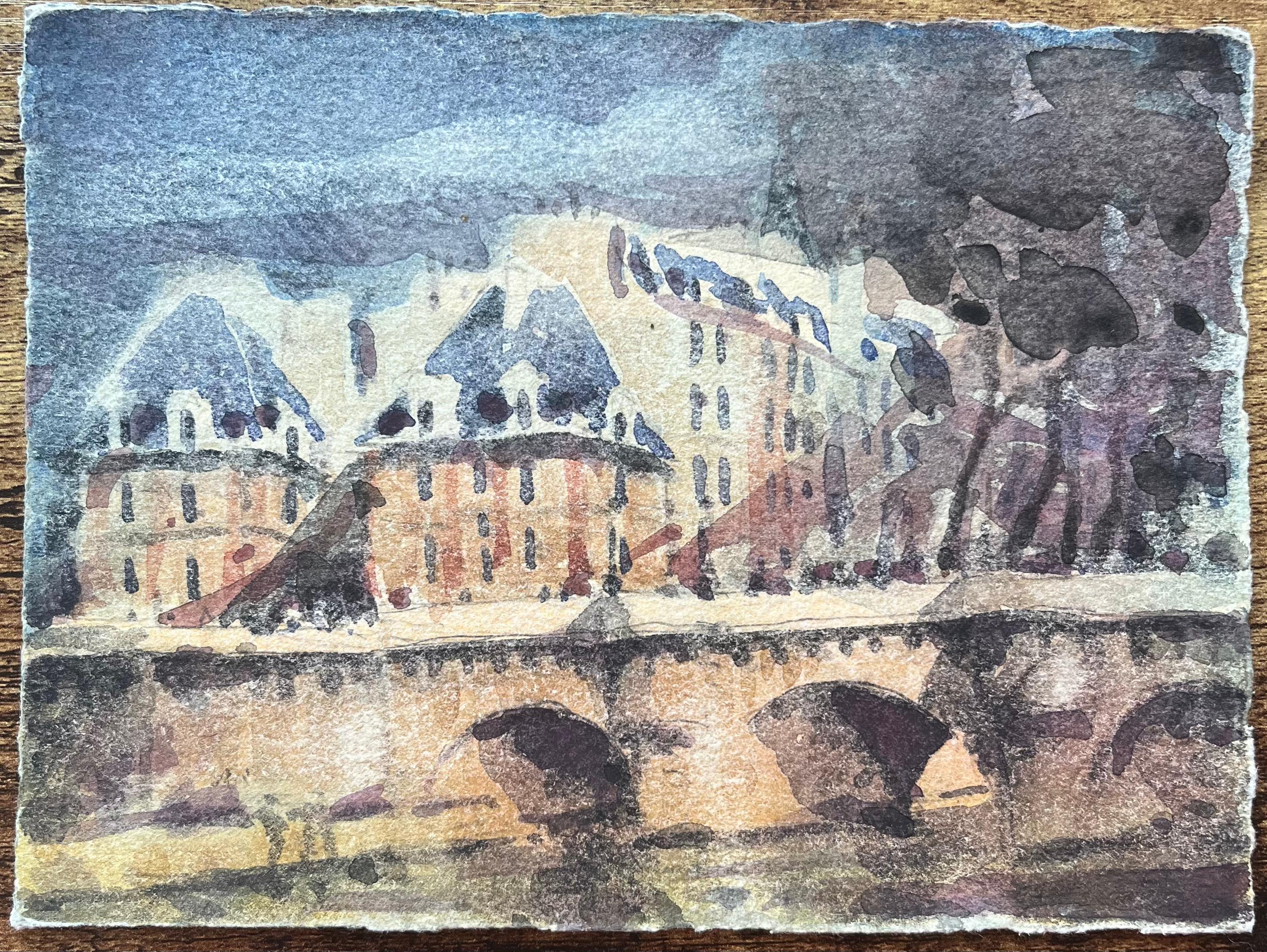 Title: French Impressionist Watercolor of Parisian Bridge Scene
By Maurice Mazeilie (French 1924-2021)
Medium: Watercolor on paper, unframed
Size: 5.5 x 7.5 inches (Height x Width)
Signed: Verso
Condition: Good, with signs on aging
Provenance: All