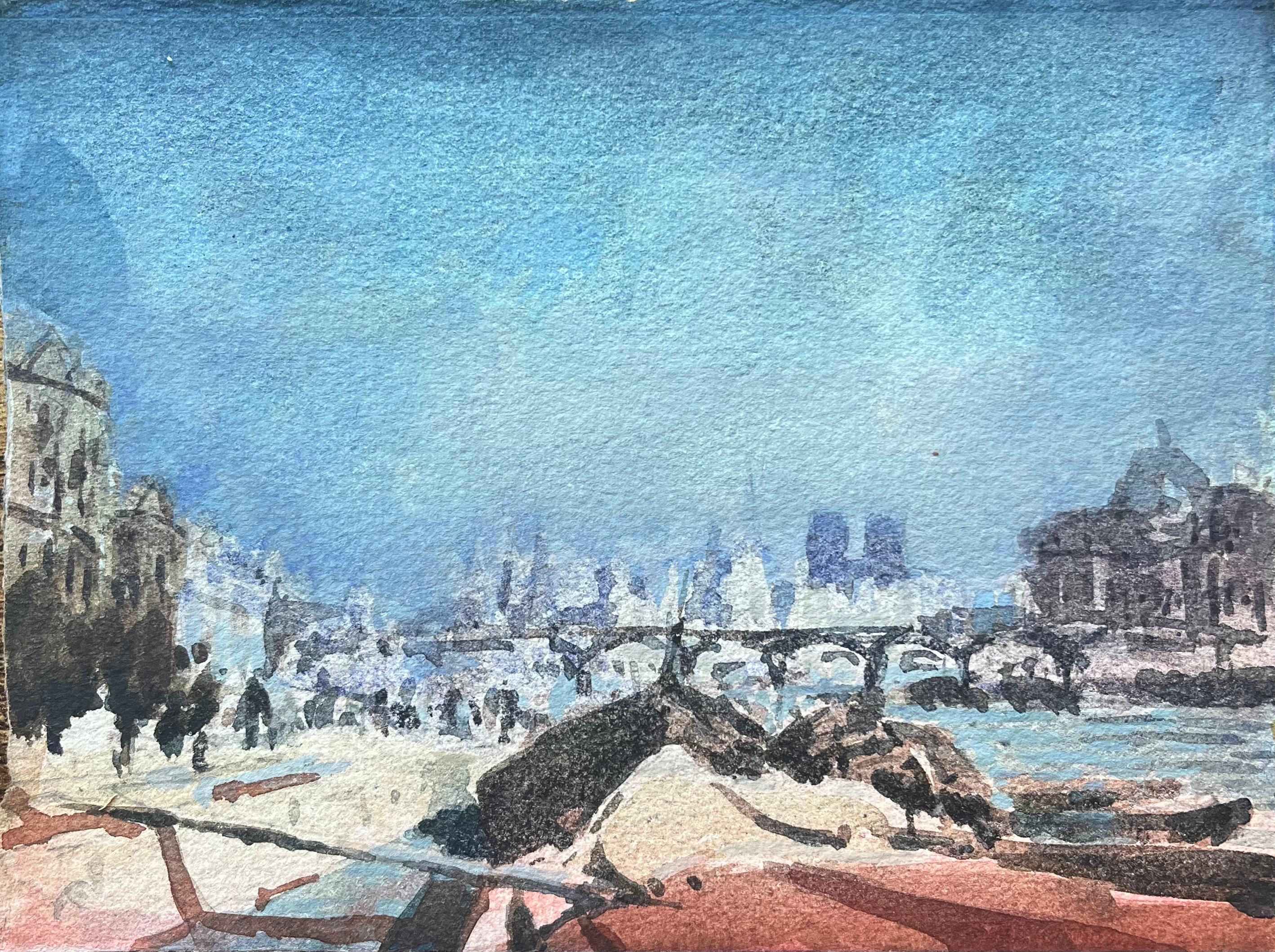 Acquerello impressionista sulla riva del fiume parigino con Notre-Dame in lontananza