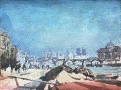 Impressionistisches Aquarell Pariser Flussufer mit Notre-Dame in der Ferne
